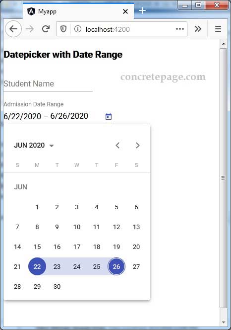Angular Material Datepicker : Date Range