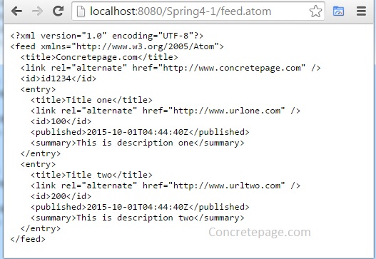 Spring 4 MVC Atom and RSS Feed Example with ROME using JavaConfig